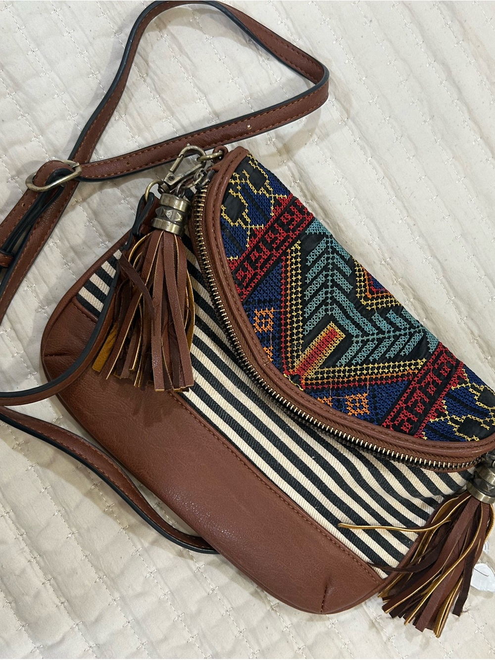 Boho Tassel Crossbody Bag - Brown with Multicolor Embroidered Flap